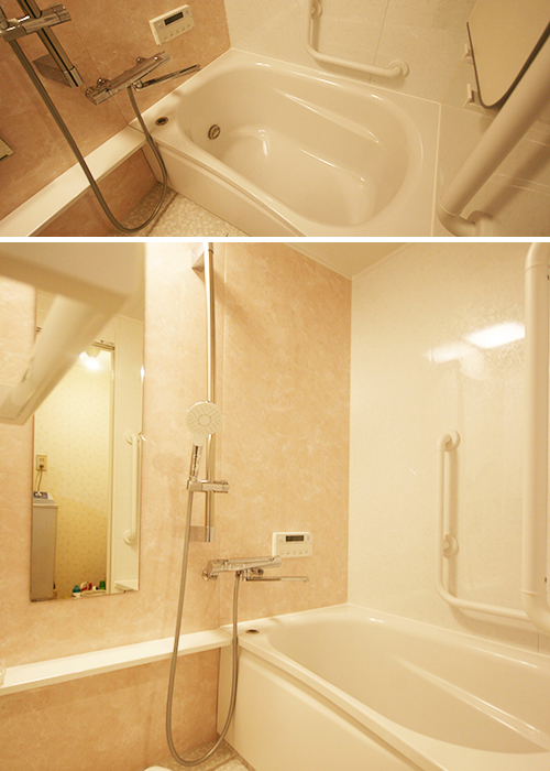 after 温度調節の簡単なシャワー水栓は、シャワーバーで高さだけなく角度も変えられるからちょうどいい位置に調整できる。